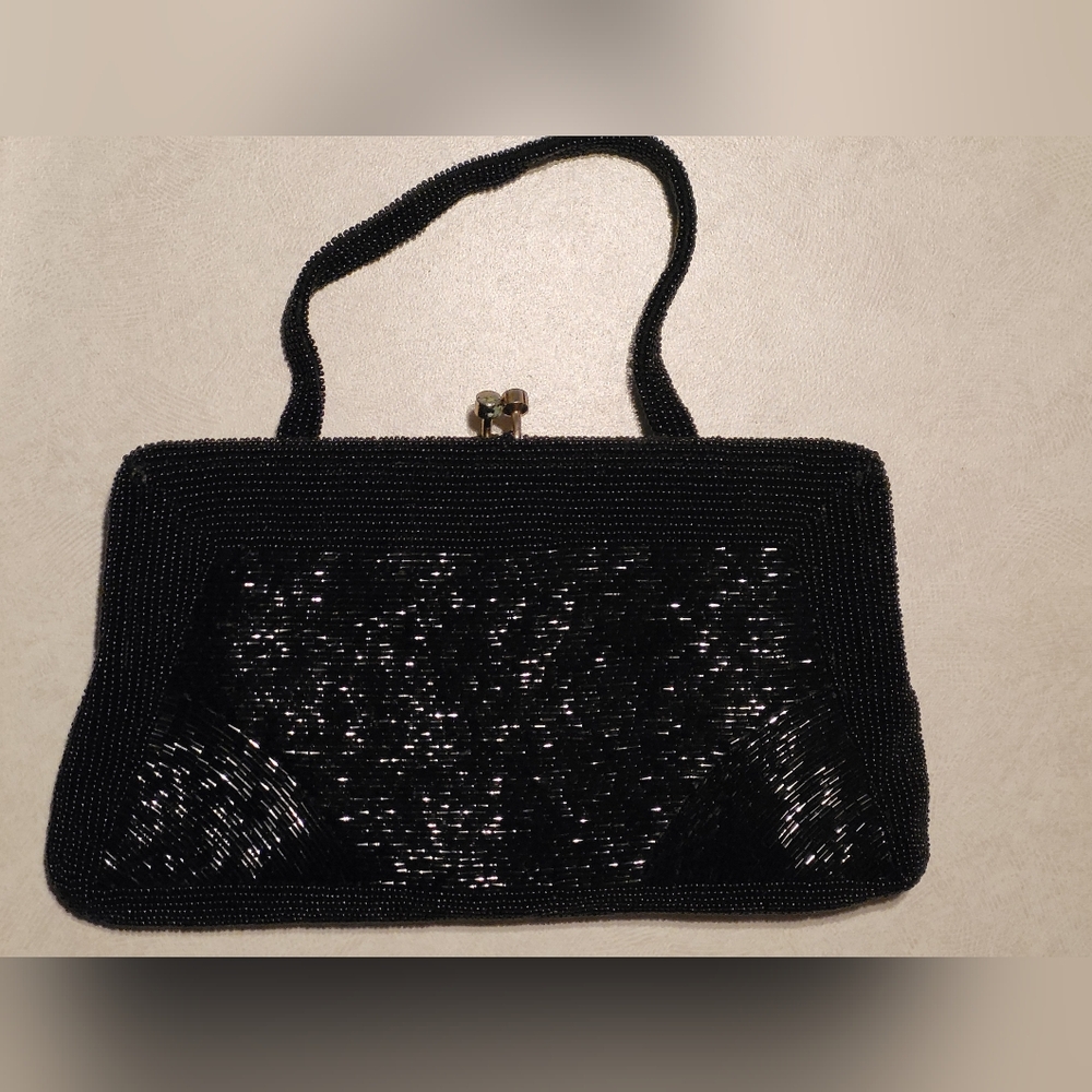 Vintage 50s Black Glass Beaded Top Handle Purse Gold Satin Lining New Headband